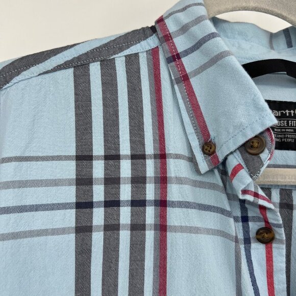 Carhartt Men's 105175 Loose Fit Midweight Short Sleeve Plaid Shirt Powder Blue s - Picture 4 of 9